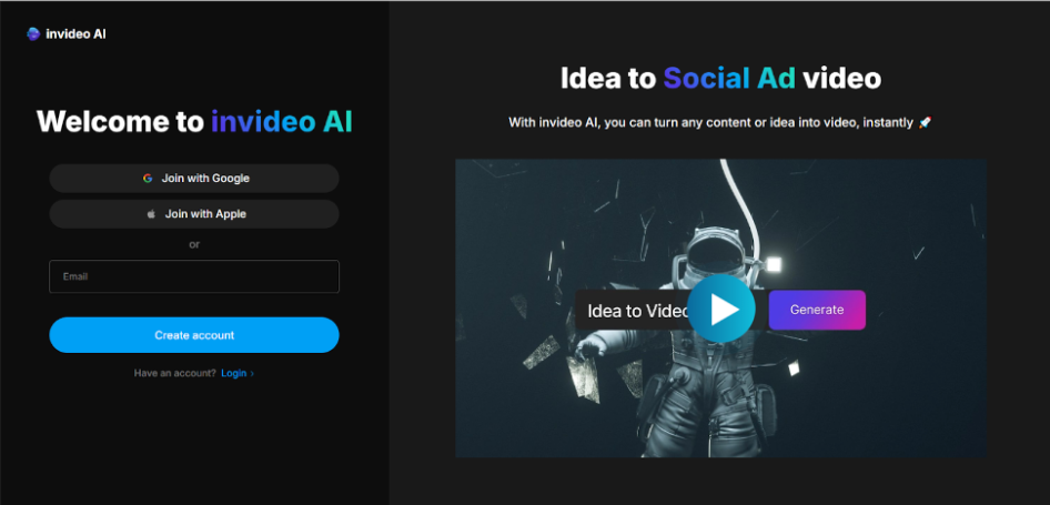 InVideo AI Signup Page