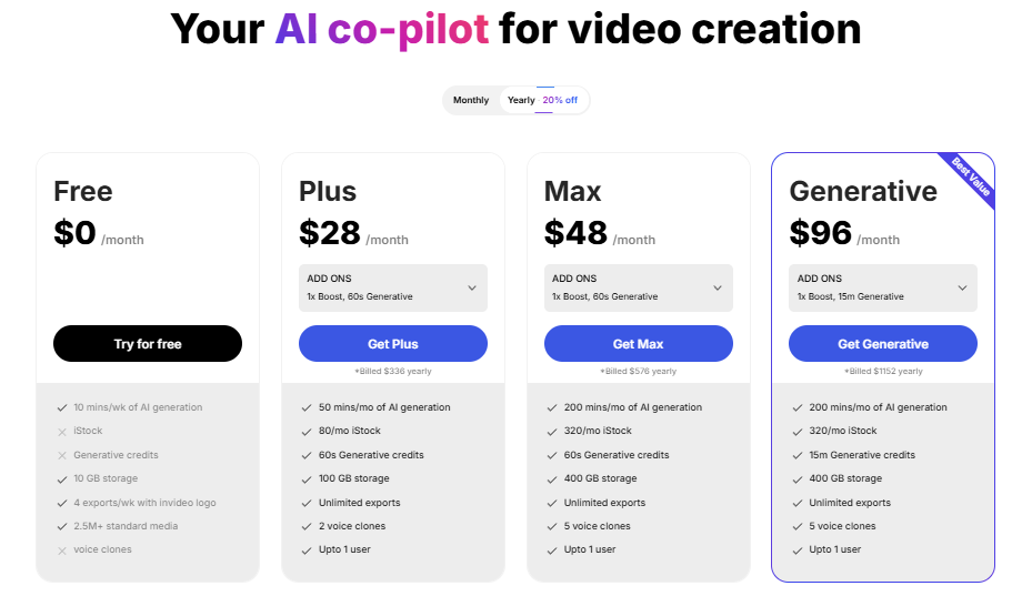 Invideo Pricing Page